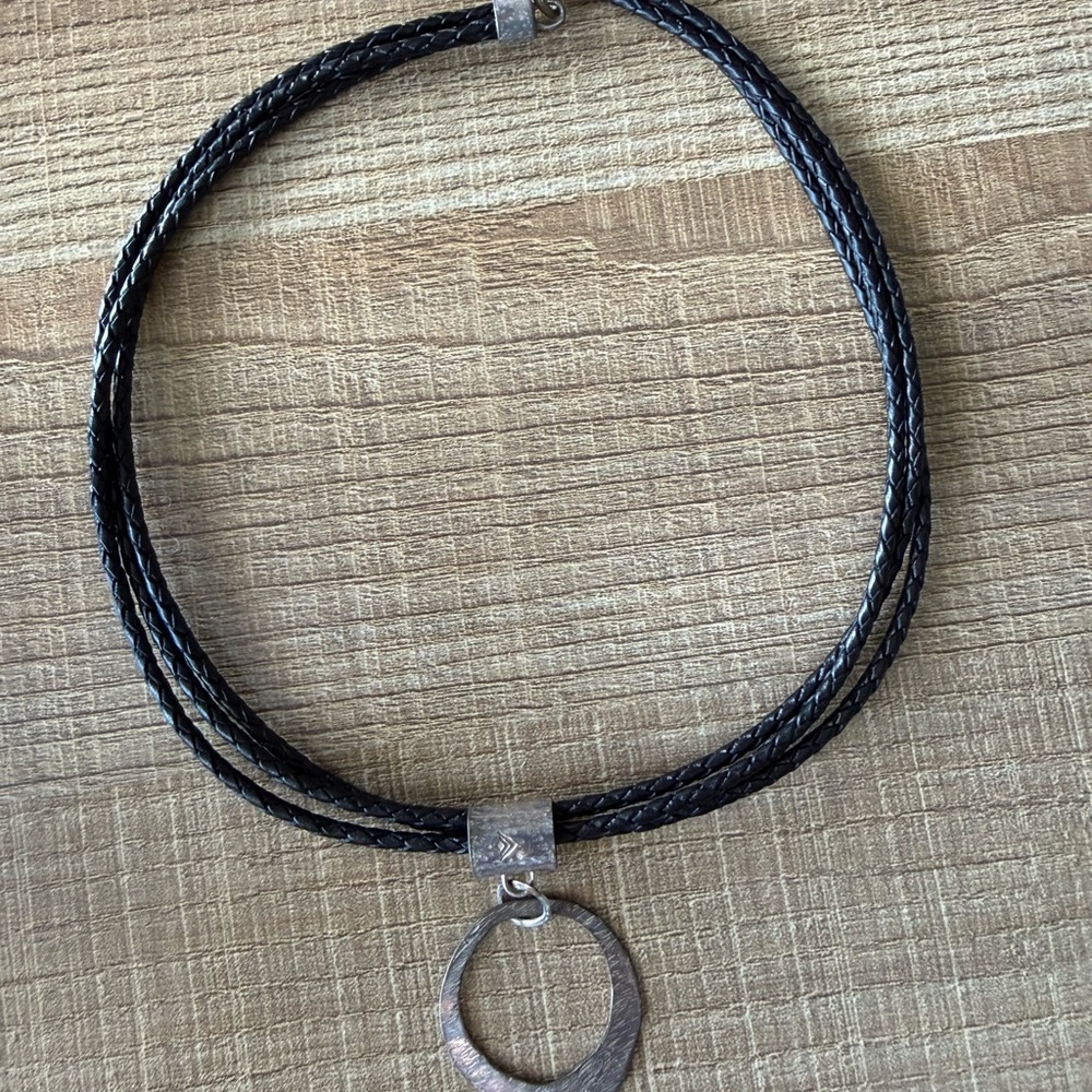 Silpada Brown Braided Necklace with  Silver Hammered Pendant